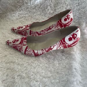 Naona leather Red and white graphic print 2.5” heels pointed toe slip on…